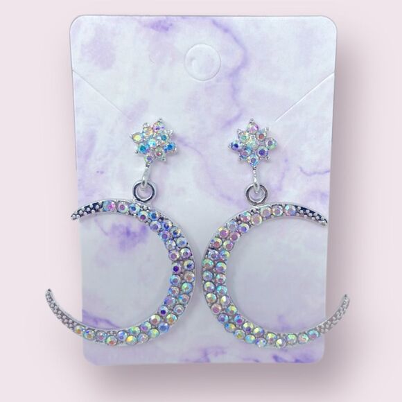 Moon Iridescent Rhinestone Crystal Post Drop Earrings - Picture 1 of 9